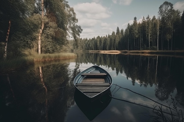 A boat on a lake with trees in the background