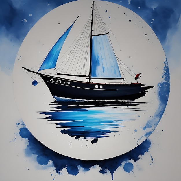 Foto una barca una luna arte pittorica astratta disegnata a mano con pennello asciutto di sfondo di vernice