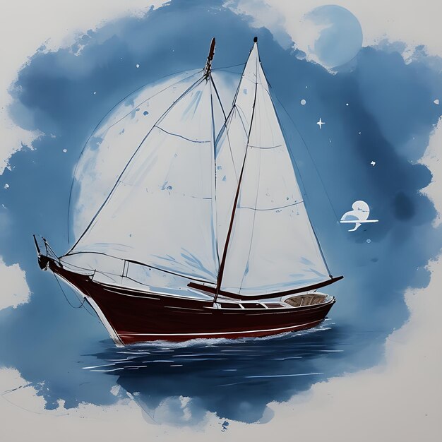 A boat a moon Abstract painting art Hand drawn by dry brush of paint background