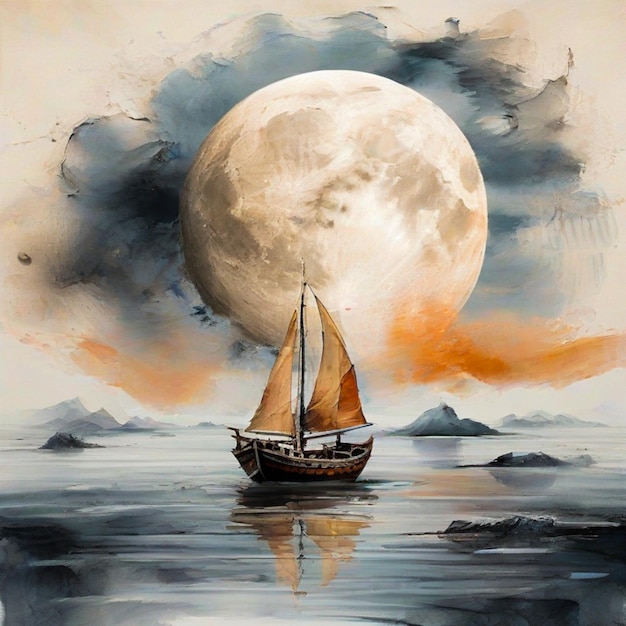 Photo a boat and a moon abstract painting art hand drawn by dry brush of paint background