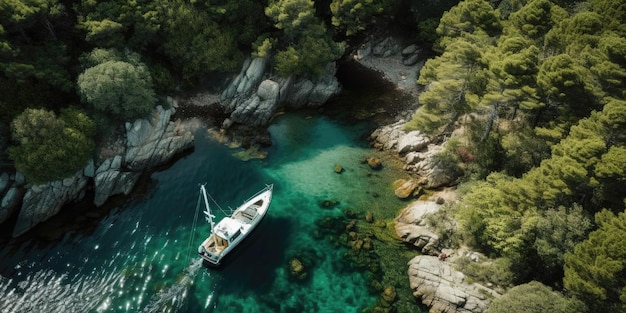 A boat moored in a bay with green forests aroundAerial view Panoramic shot Generative AI