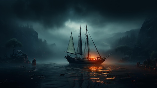 Boat at night on the sea with fog