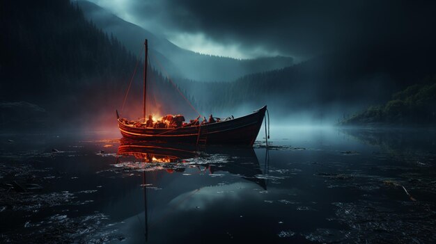 Boat at night on the sea with fog