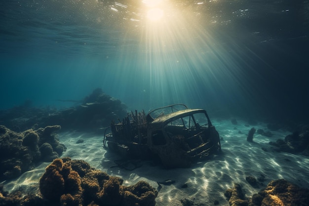 Лодка в океане покрыта водой и окружена кораллами и кораллами.