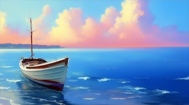 Boat on the ocean painting wallpaper background landscape boating wallpaper by Generative AI