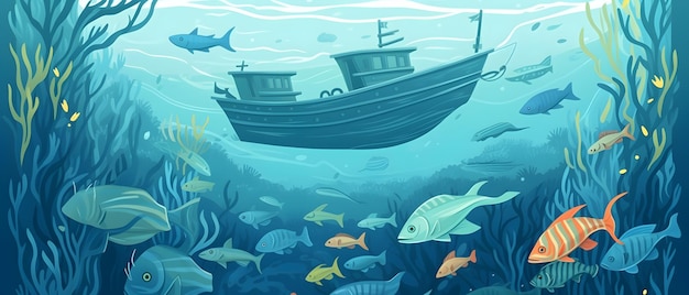 A boat in the ocean with fish and fish