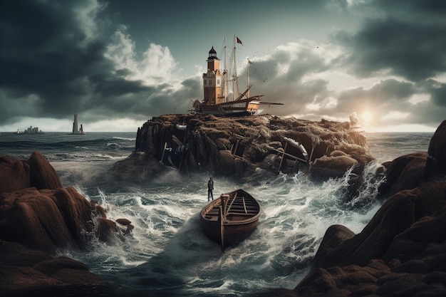 A boat in the ocean with a lighthouse in the background