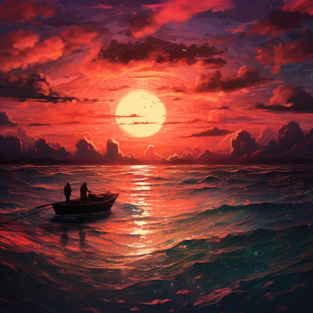 a boat in the ocean with a sunset in the background