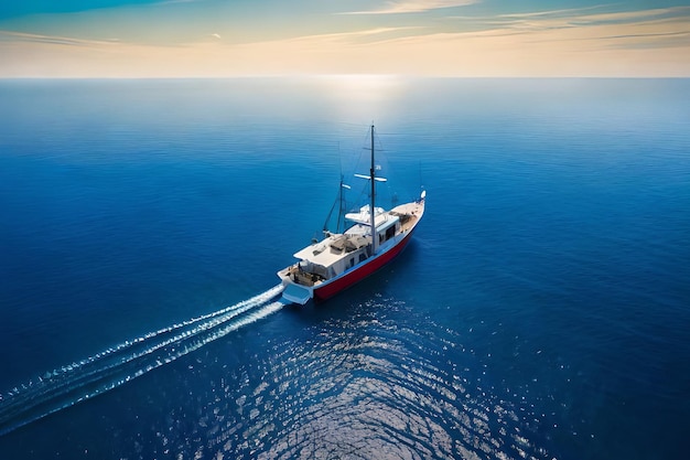 A boat in the ocean with the word sea on the bottom.