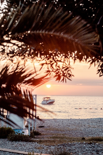 写真 夕日に海岸をボートする