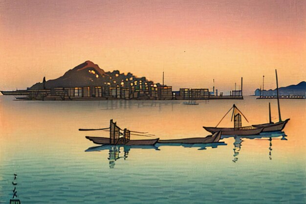 写真 湖上のボート水彩油絵の壁紙の背景風景ボートの壁紙