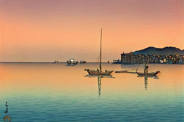 写真 湖上のボート水彩油絵の壁紙の背景風景ボートの壁紙