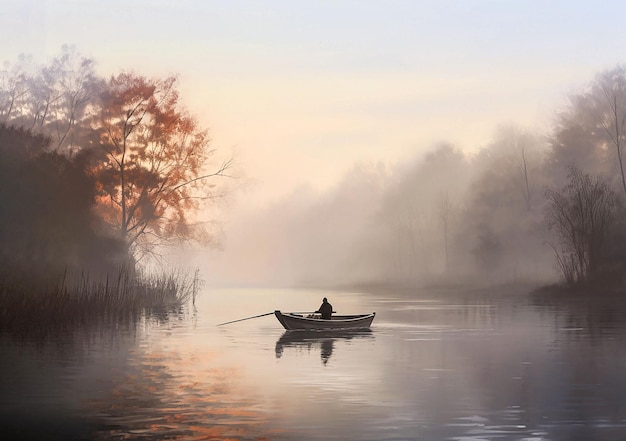 Лодка на тихой реке утром создала легкий туман.