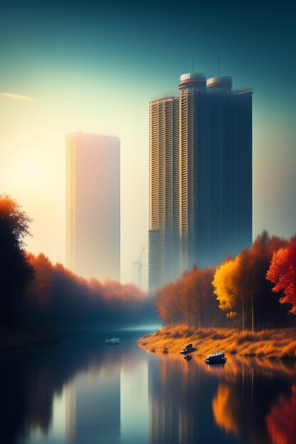 A boat on the river in front of a building with the sun shining on it.