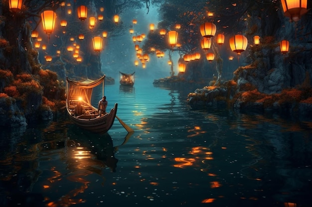 A boat in a river full of lanterns