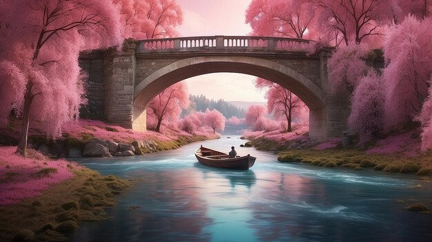 A boat on a river going under a stone bridge surrounded by pink trees