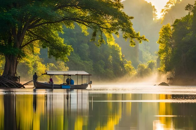 Photo a boat on the river in the morning