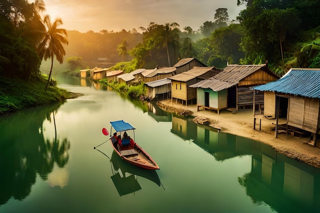 a boat on the river in the morning