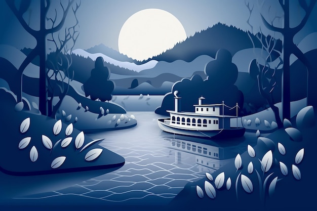 夜の川を渡るボート。