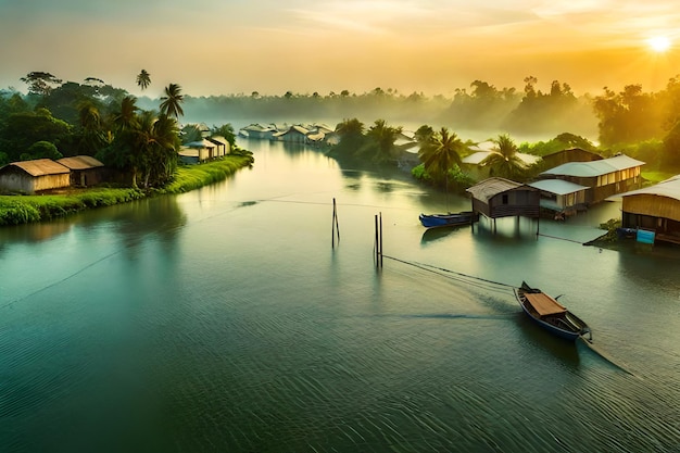 a boat on the river in the sunset