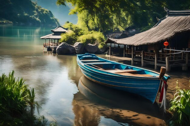 A boat on the river with a hut in the background