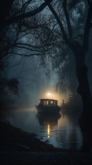 Photo a boat on a river with a light on it