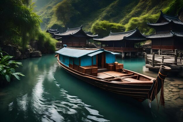 A boat in a river with a mountain background