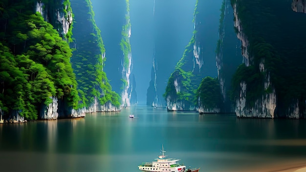 A boat in a river with mountains in the background