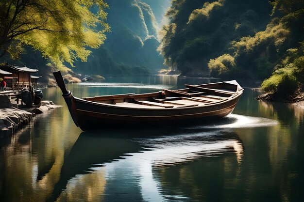 A boat in the river with a reflection of trees in the water.