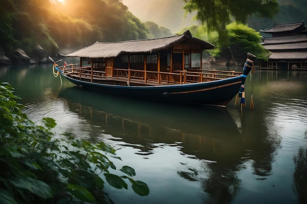 Лодка на реке с закатным фоном