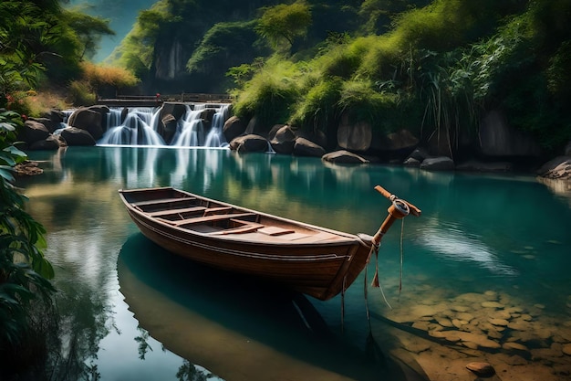 A boat in a river with a waterfall in the background.