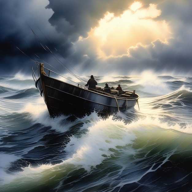 Boat on a rough sea strong waves dark sky