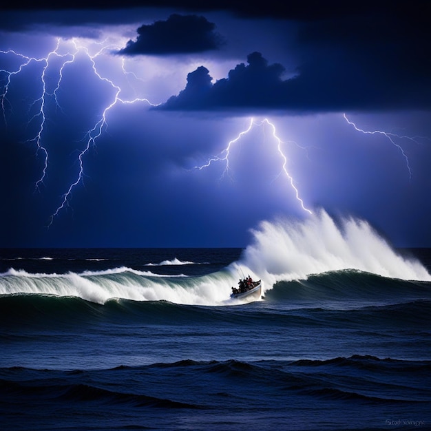 Foto una barca su un mare agitato, onde forti, cielo scuro.