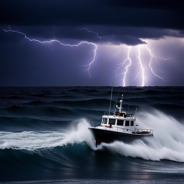 Foto una barca su un mare agitato, onde forti, cielo scuro.