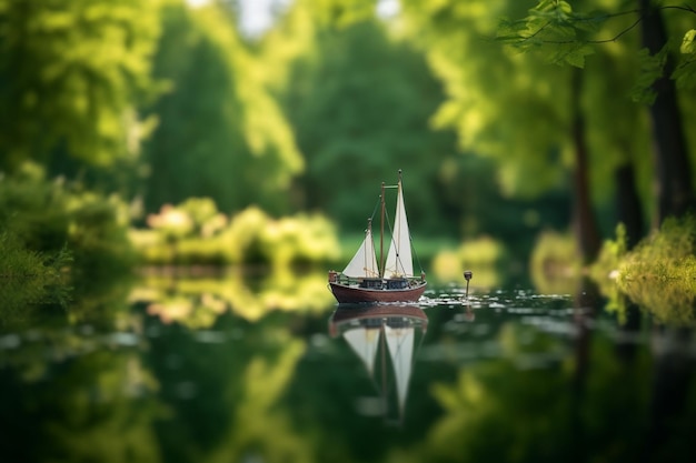 Boat sailing on a calm lake surrounded by lush green forests summer