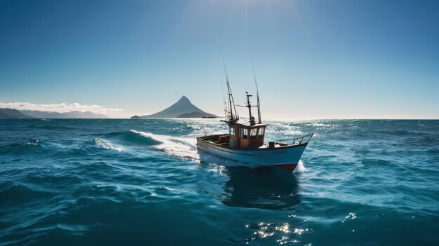 写真 山 の 背景 で 海 を 航海 する 船