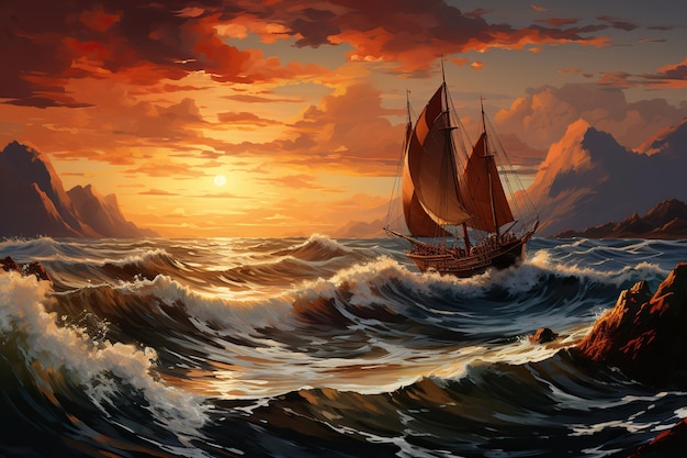 a boat sailing in the ocean with many waves sunset in the background