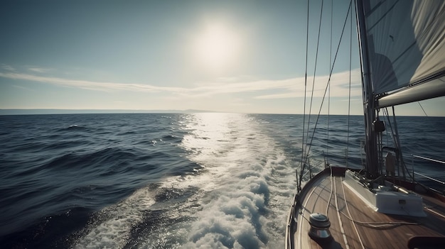 A boat sailing in the ocean with the sun shining on the water.