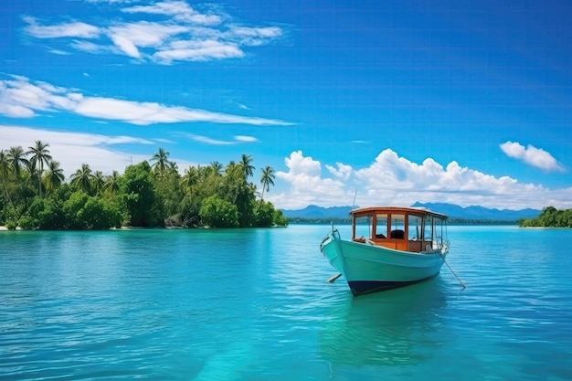 Boat Sailing In Turquoise Ocean Waters Against Blue Sky With White Clouds And Tropical Island Prese