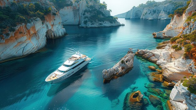 Boat Sailing in Water Surrounded by Cliffs