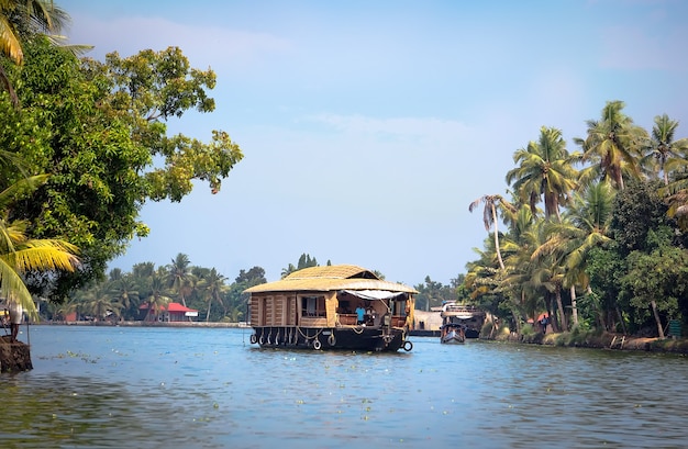 The boat sails between pallm along the backwaters in Alleppey, Kerala, Indian Venice. Exotic vacation in South India.