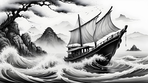 boat at sea in Japanese sumie style