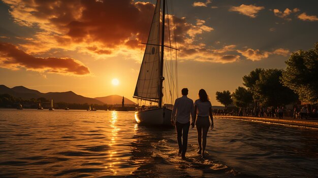 Foto barca nel tramonto sul mare e sul mare generativo ai