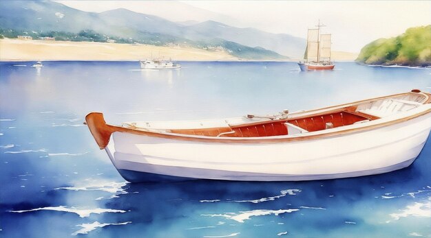 Photo boat on the sea watercolor oil painting wallpaper background landscape boating by generative ai