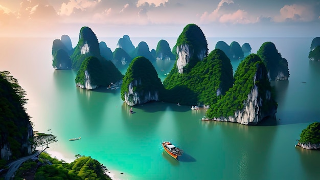 A boat in the sea with a green island in the background