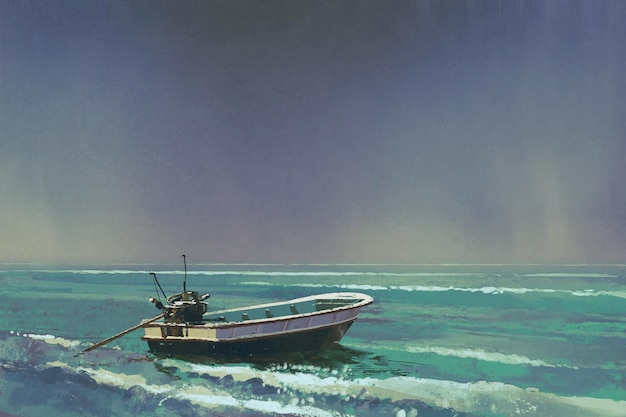 the boat on the sea with grey sky on background,illustration painting