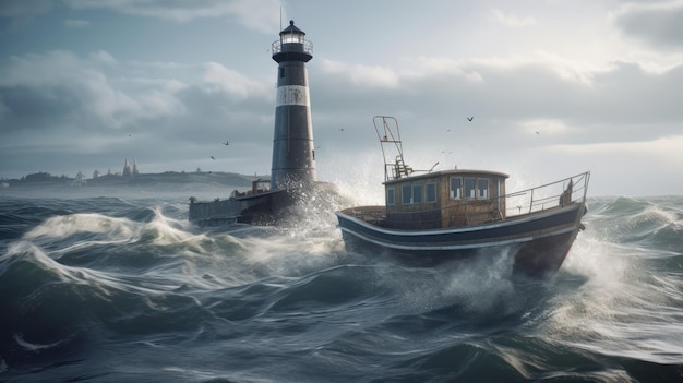 A boat in the sea with a lighthouse in the background