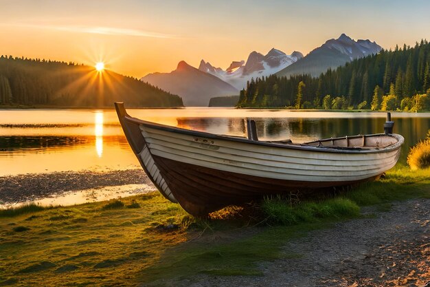 a boat on the shore of a lake at sunset