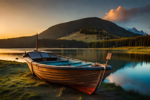 A boat on the shore of a lake with a sign that says