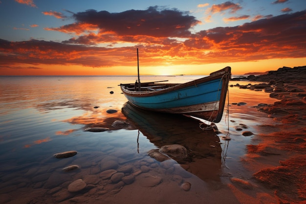 A boat on the shore of a lake